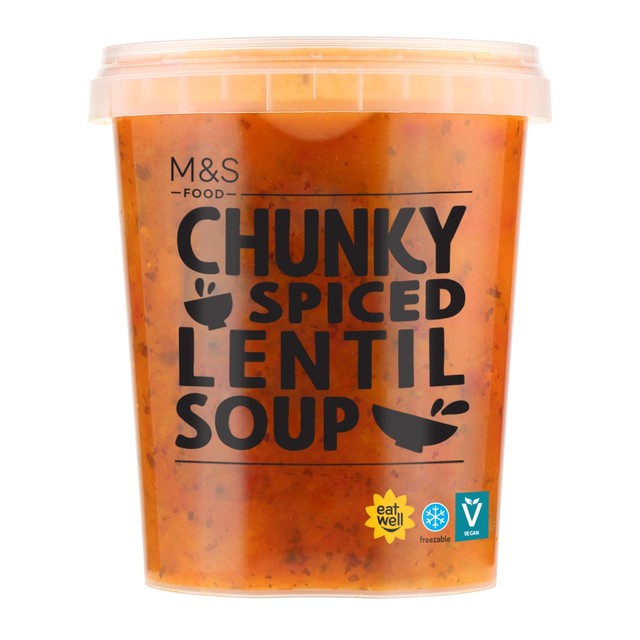 M&S spicy tomato and lentil soup 600g, imported from the UK