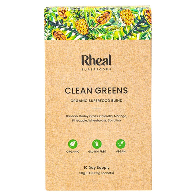 Rheal Superfoods Clean Greens sachets 50g, imported from the UK