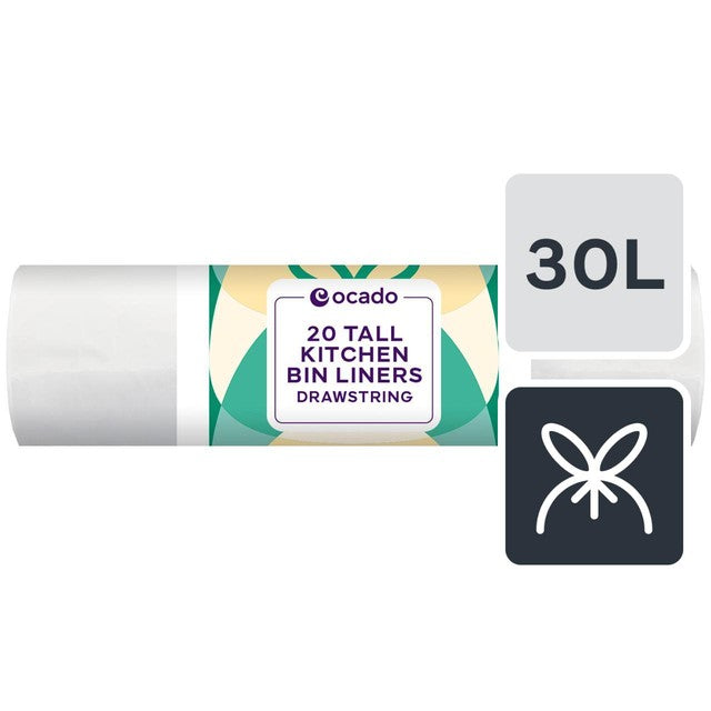 Ocado tall drawstring kitchen bin liners 30L 20 pack, imported from the UK