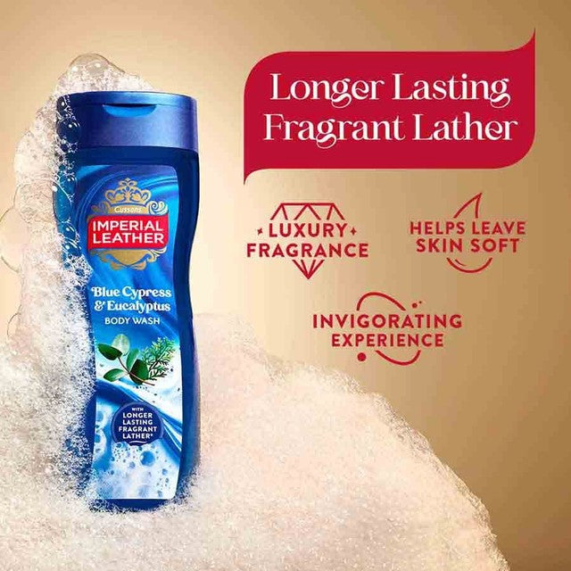 Imperial Leather Blue Cypress and Eucalyptus shower gel, imported from the UK