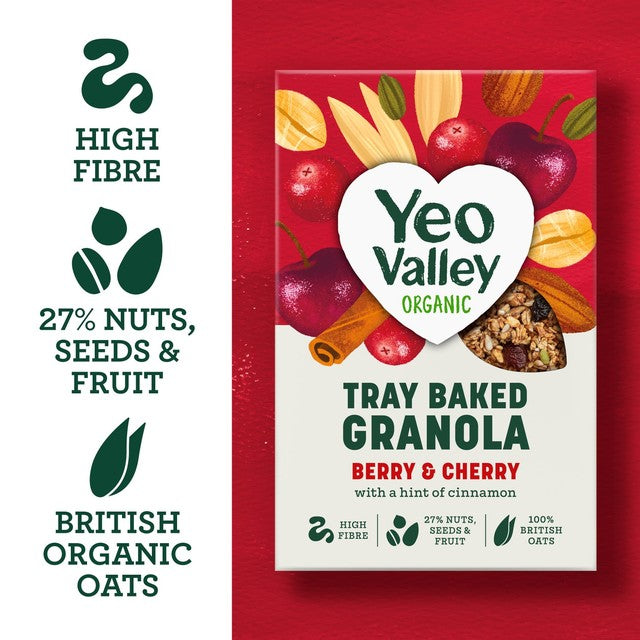 Yeo Valley berry & cherry granola cereal 360g, imported from the UK