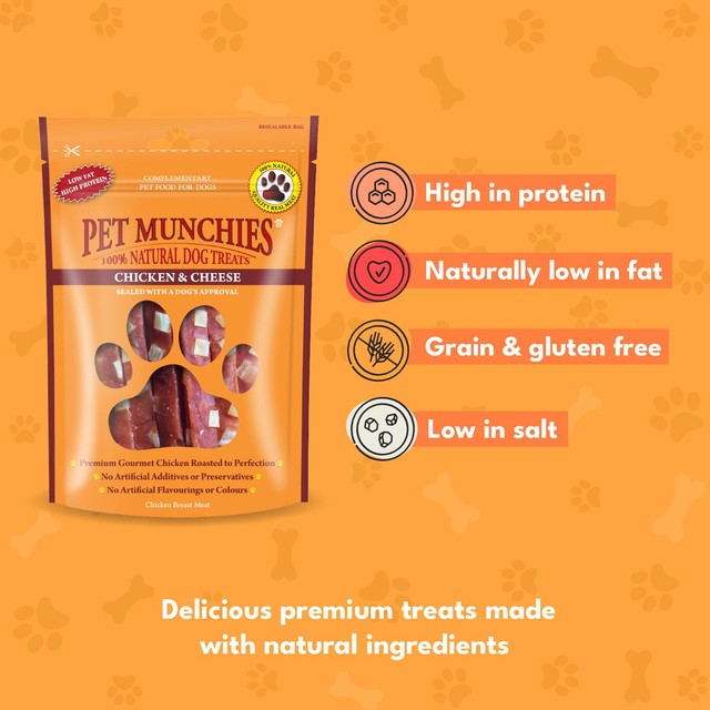 Pet Munchies chicken and cheese dog treats 100g, imported from the UK
