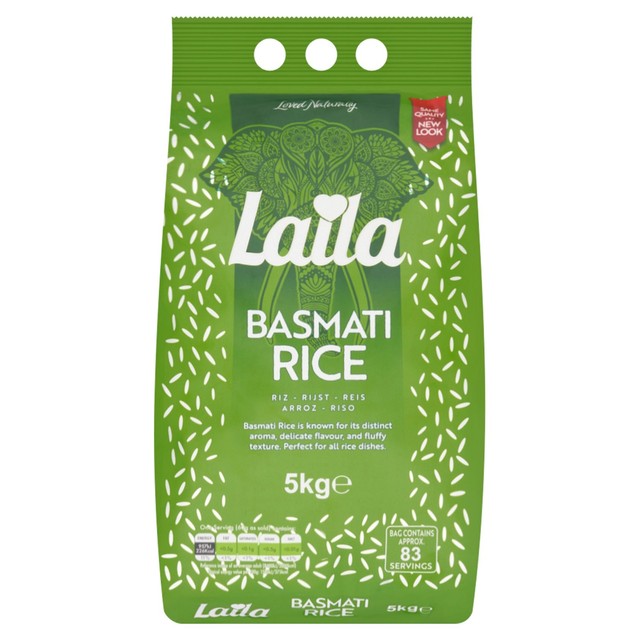 Laila Basmati ris i en 5 kg pose, britisk versjon