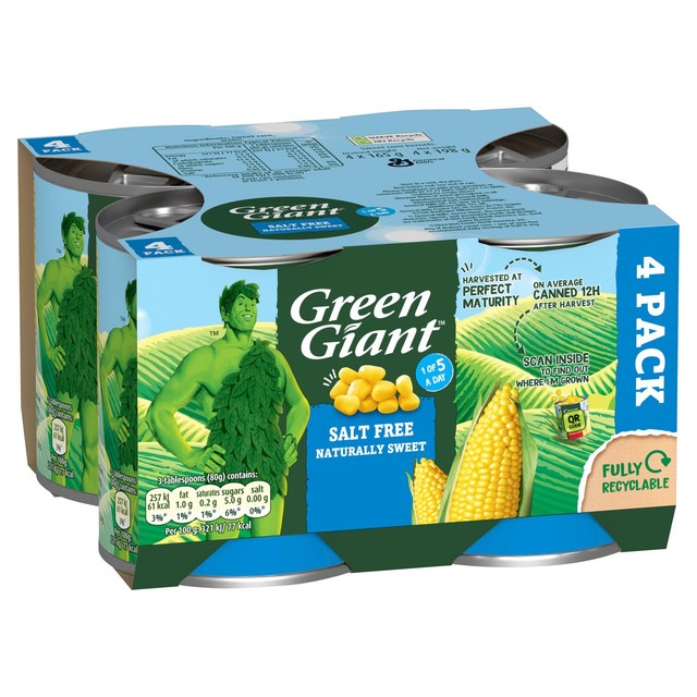 Green Giant Salt Free Sweetcorn canned vegetable - British product