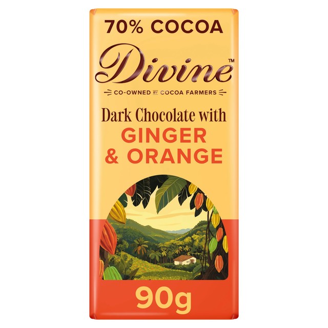 Divine dark chocolate bar with ginger and orange, 90g - British product