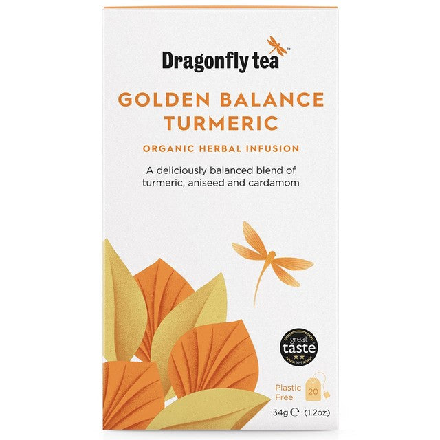 Dragonfly Tea Golden Balance Turmeric herbal infusion 20 tea bags - British product