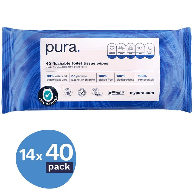 Pura flushable toilet tissue wipes multipack, imported from the UK