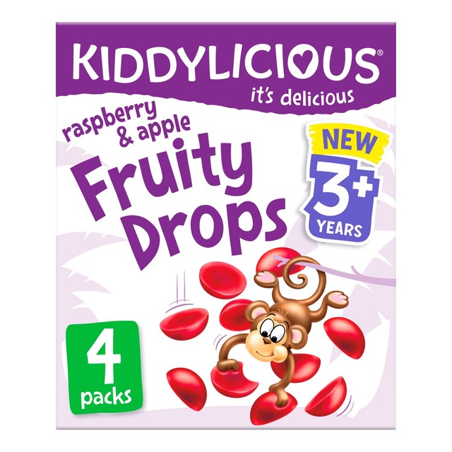 Kiddylicious raspberry and apple fruity drops kids snack pouches, UK version