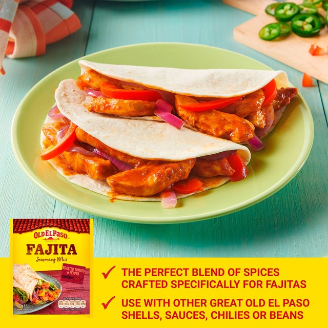 Old El Paso Roasted Tomato & Peppers Fajita Seasoning Mix 30g, imported from the UK