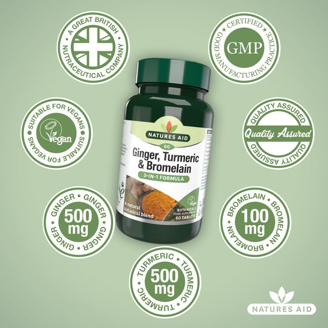 Natures Aid Ginger Turmeric Bromelain tablets 60 pack, imported from the UK