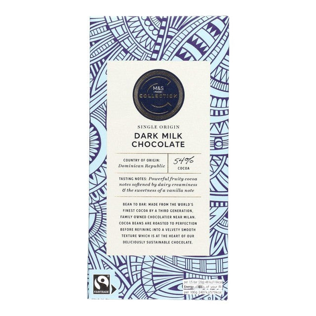M&S 54% Dominican Republic dark milk chocolate bar 100g, imported from the UK