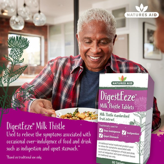 Natures Aid DigestEze milk thistle over-indulgence relief tablets 60 tablets, imported from the UK