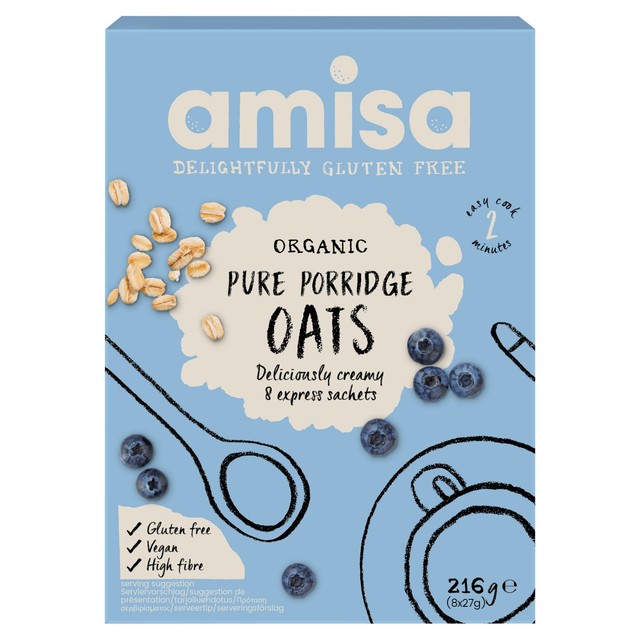 Amisa organic gluten free porridge oats express sachets 8x27g - British product