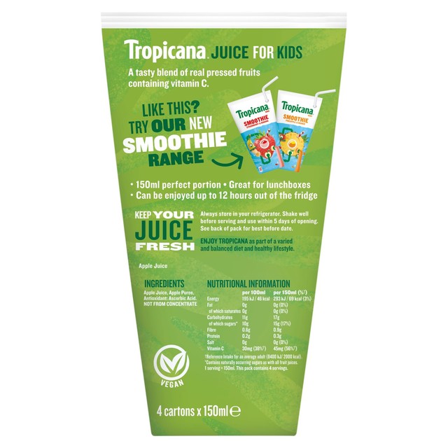 Tropicana Kids Pressed Apple Juice 4 x 150ml cartons (British brand)