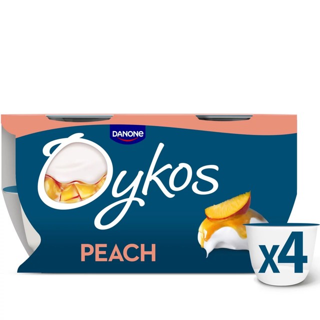 Oykos Peach Luxury Greek Style Yoghurt 4x110g, imported from the UK