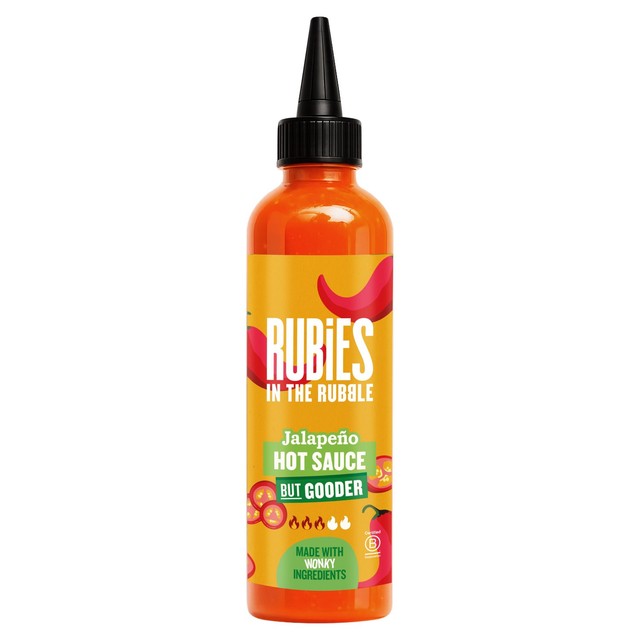 Rubies in the Rubble jalapeno hot sauce bottle, imported from the UK