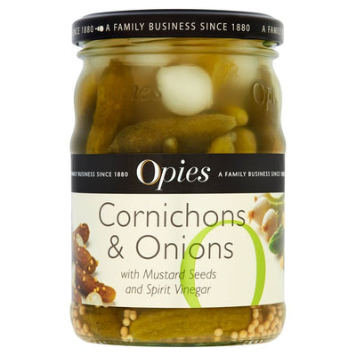 M&S Opies Cornichons & Onions with Mustard Seeds Pickled Vegetables 350g- Buy online at McGrocer