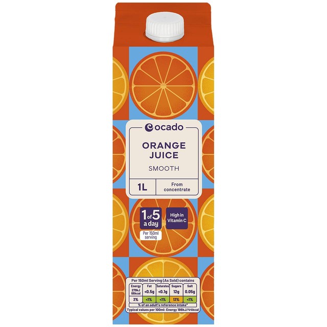 Ocado smooth orange juice from concentrate 1L, imported from the UK