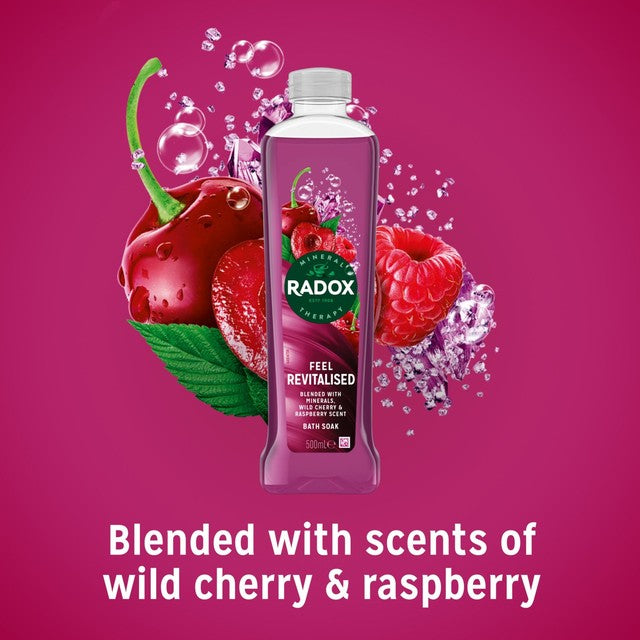Radox Feel Revitalised bath soak with wild cherry and raspberry scent 500ml, imported from the UK