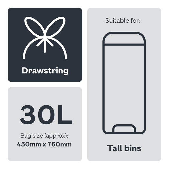 Ocado tall drawstring kitchen bin liners 30L 20 pack, imported from the UK