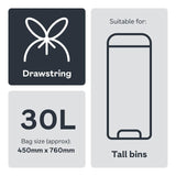 Ocado tall drawstring kitchen bin liners 30L 20 pack, imported from the UK