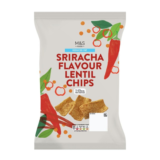 M&S Sriracha Flavour Lentil Chips 110g, imported from the UK