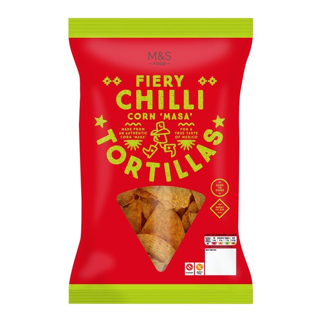 M&S fiery chilli tortilla chips 200g, imported from the UK