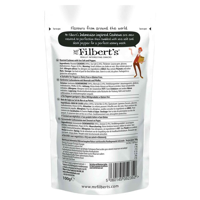 Mr Filbert's Pepper Cashews Roasted 100g, imported from the UK