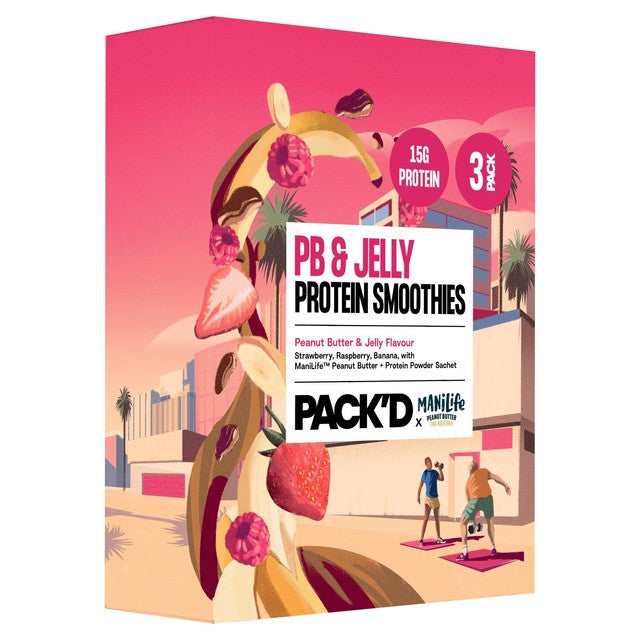 Pack'd peanut butter and jelly protein smoothie kit 3x142g, imported from the UK