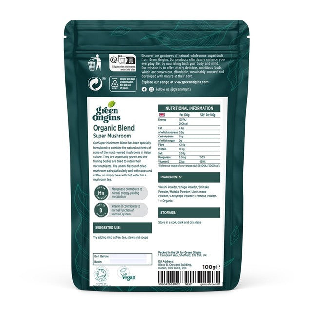 Green Origins organic super mushroom blend powder 100g, UK version
