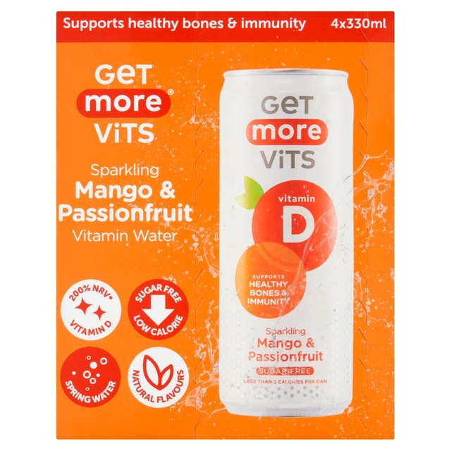 Get More Vitamin D sparkling mango and passionfruit flavoured water 4 x 330ml cans, UK version
