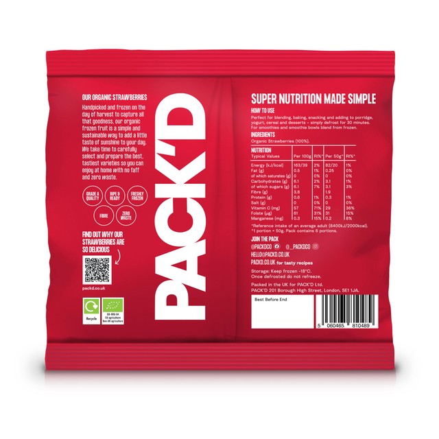 Pack'd organic diced strawberries 300g, imported from the UK