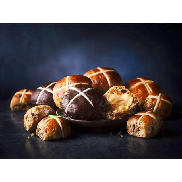M&S luxury fruited hot cross buns 4 pack, imported from the UK