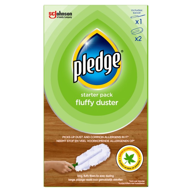 Pledge Fluffy Duster Starter Pack with 1 handle and 2 refills, imported from the UK