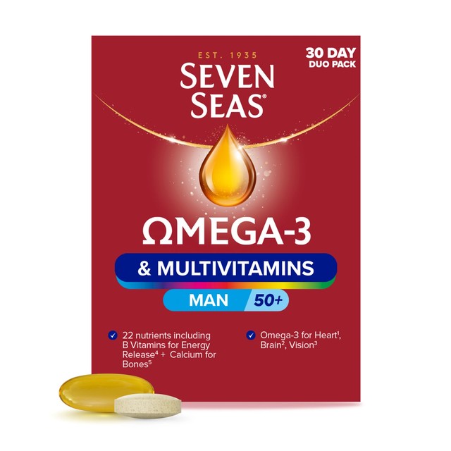 Seven Seas Omega-3 and multivitamin supplement for Men 50+ 60 tablets and capsules (British brand)