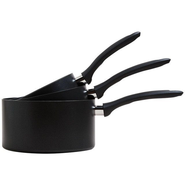 M&S Collection 3-piece black aluminium non-stick pan set, imported from the UK