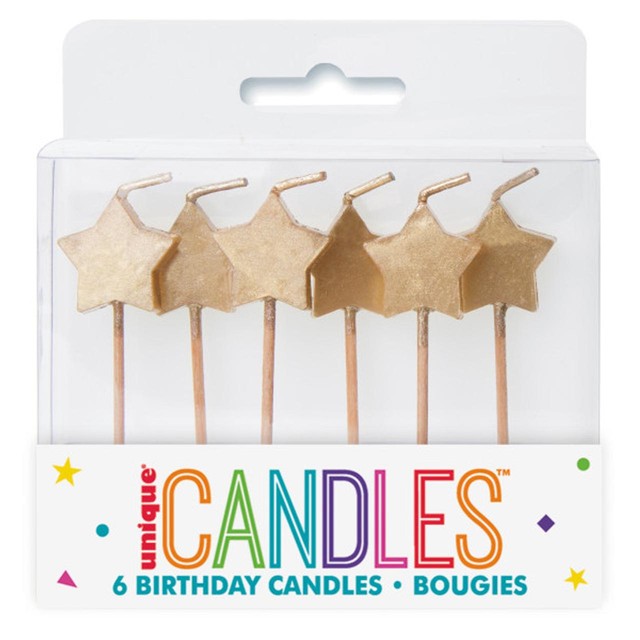 Unique Party Gold Star birthday candles 6 pack, UK version