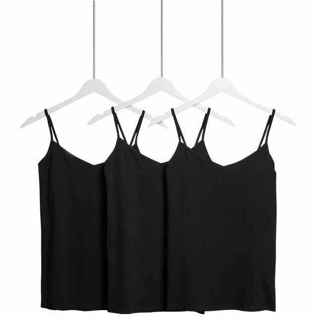 M&S Women's Cotton Rich Strappy Vests Black Size 14, imported from the UK