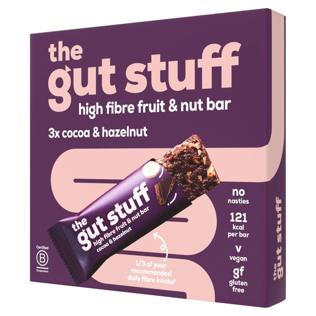 The Gut Stuff Cocoa & Hazelnut high fibre fruit nut bars, UK version