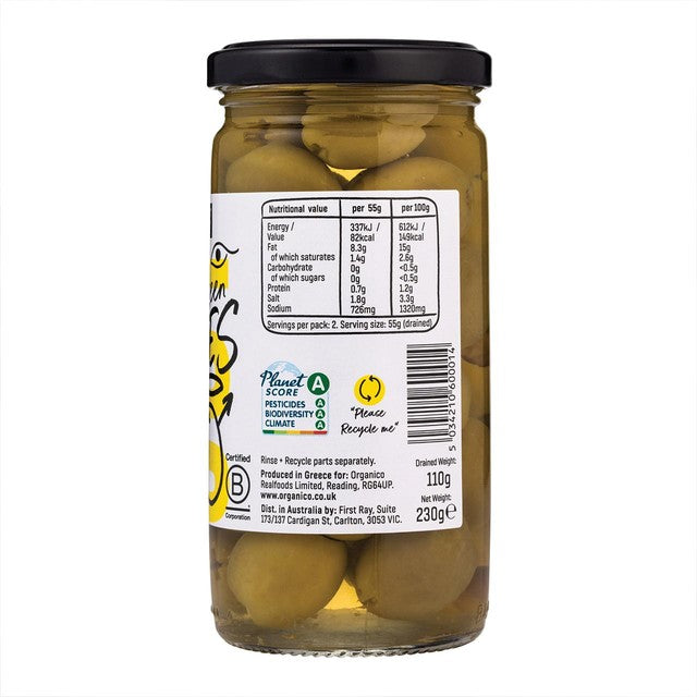 Realfoods green pitted olives 230g, imported from the UK