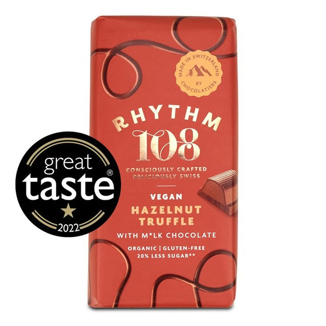 Rhythm 108 vegan hazelnut truffle chocolate bar 100g, imported from the UK