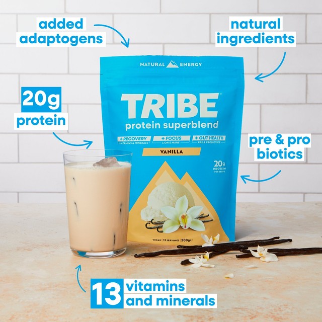 TRIBE Superblend vanilla protein powder, UK version