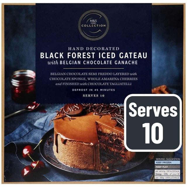 M&S Black Forest Iced Gateau 990g, imported from the UK