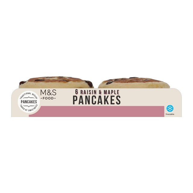 M&S raisin & maple pancakes 6 x 35g, imported from the UK