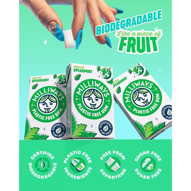 Milliways Spearmint Plastic Free Sugar Free Chewing Gum 19g, imported from the UK