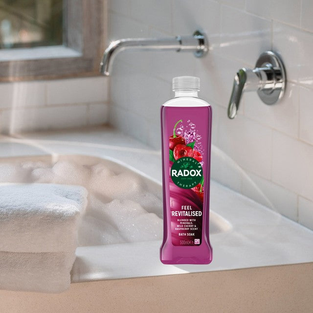 Radox Feel Revitalised bath soak with wild cherry and raspberry scent 500ml, imported from the UK