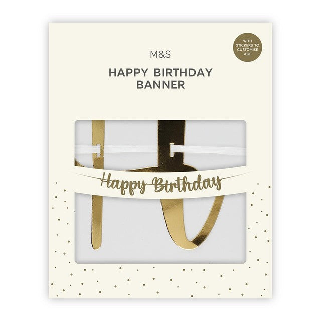 M&S gold happy birthday banner with number stickers, 2.5m length, imported from the UK