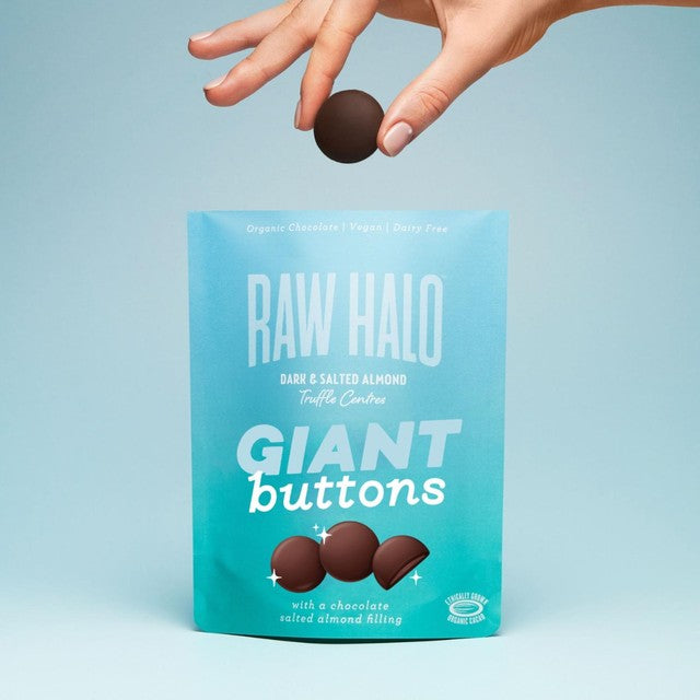 Raw Halo dark almond vegan chocolate buttons 90g, imported from the UK