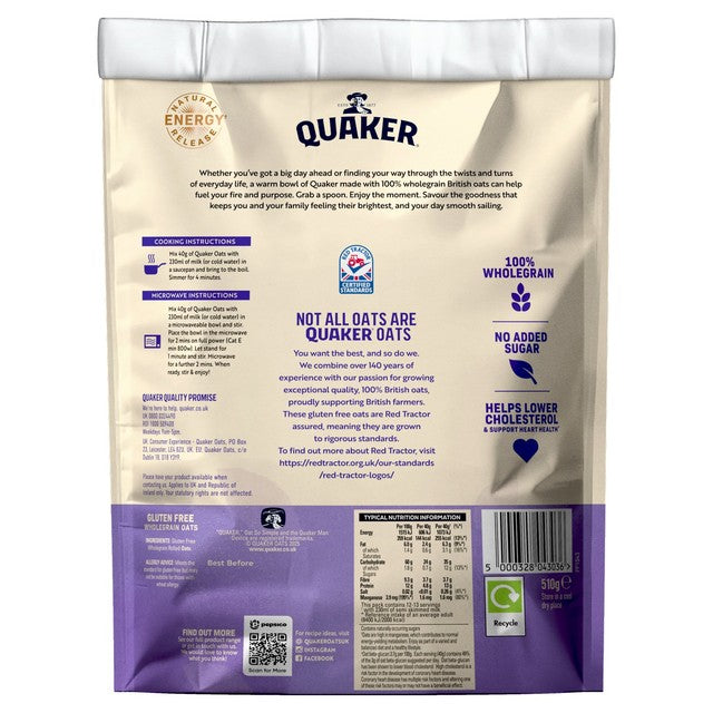 Quaker Gluten Free Oats Cereal 510g, imported from the UK