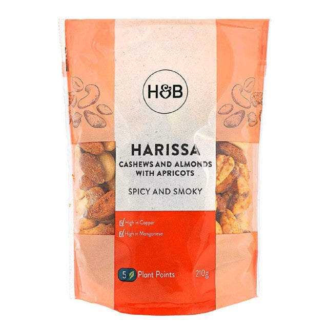 Holland & Barrett harissa cashews and almonds with apricots nut and fruit snack 210g, UK version